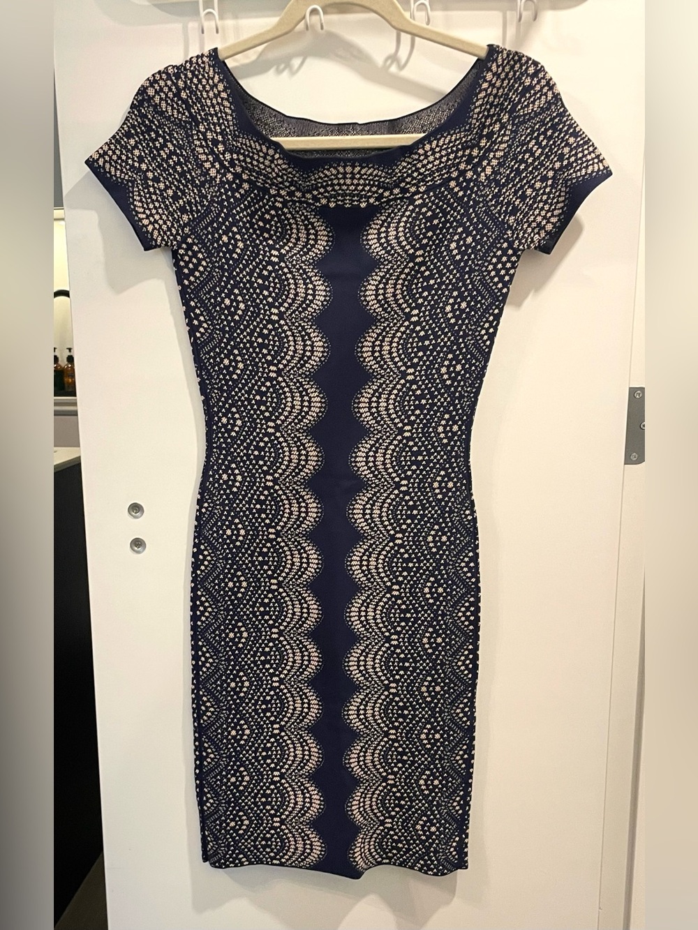 BCBGMaxAzria Navy and Cream Bodycon dress